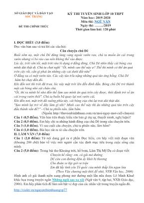 Đề thi tuyển sinh Lớp 10 THPT môn Ngữ văn - Năm học 2019-2020 - Sở giáo dục và đào tạo Sóc Trăng (Có đáp án)